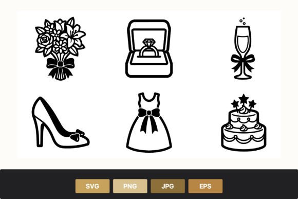 Celebrate in Style: Wedding Bouquet Ring Dress Cake Shoe Vector Art